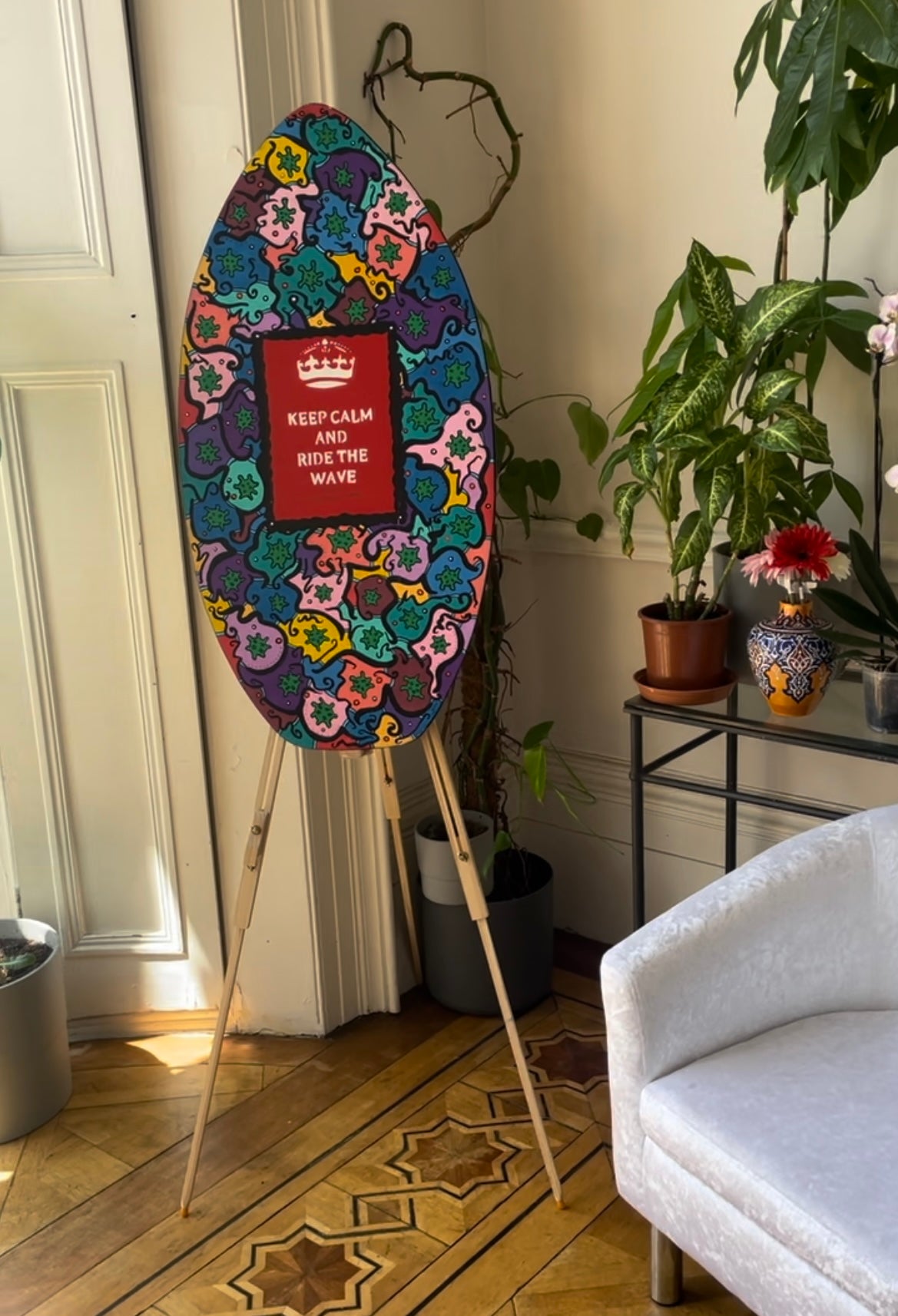 ‘Keep Calm And Ride The Wave’ Painted skim board. (60x90cm)