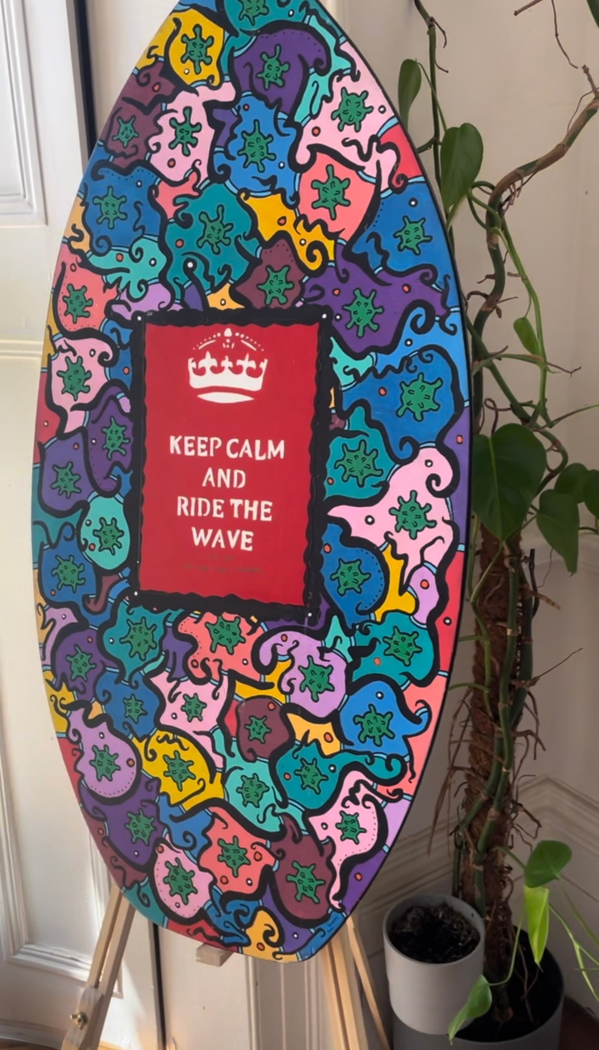 ‘Keep Calm And Ride The Wave’ Painted skim board. (60x90cm)