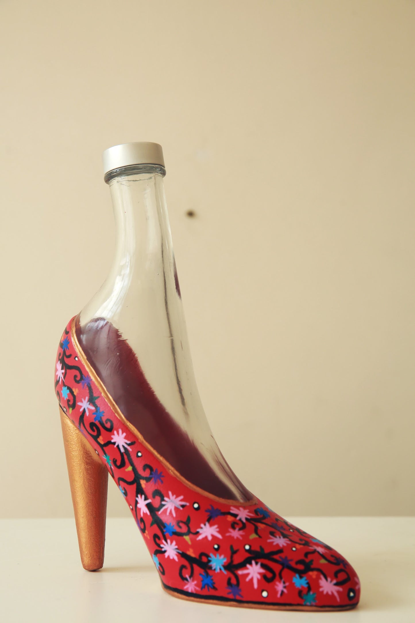 ‘Lady In Red’ Painted Glass Bottle
